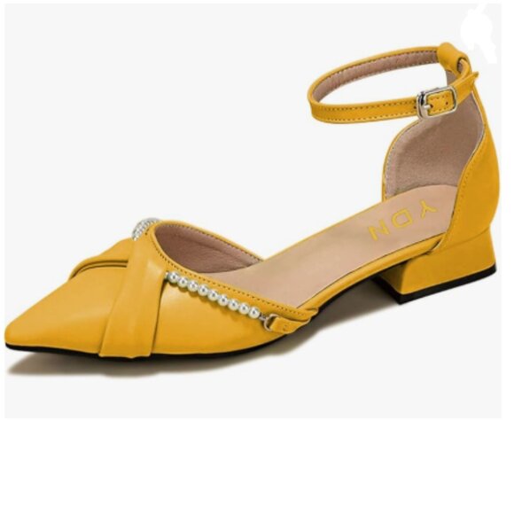 YDN Yellow Pointed Toe Pearl Flat Pumps Block Low Heel D'orsays Ankle Strap Shoe - Picture 1 of 8